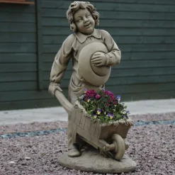 Boy & Barrow Stone Garden Statue