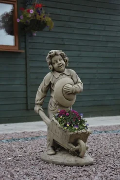Boy & Barrow Stone Garden Statue