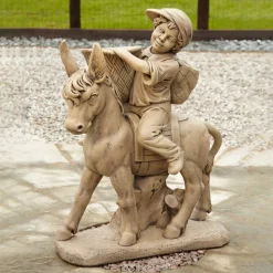 Boy & Donkey Stone Garden Statue
