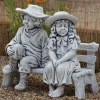 Boy & Girl on Bench Stone Garden Statue