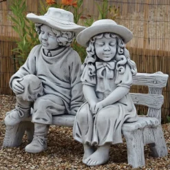 Boy & Girl on Bench Stone Garden Statue