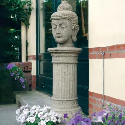 Buddha Head Stone Garden Ornament on Pedestal