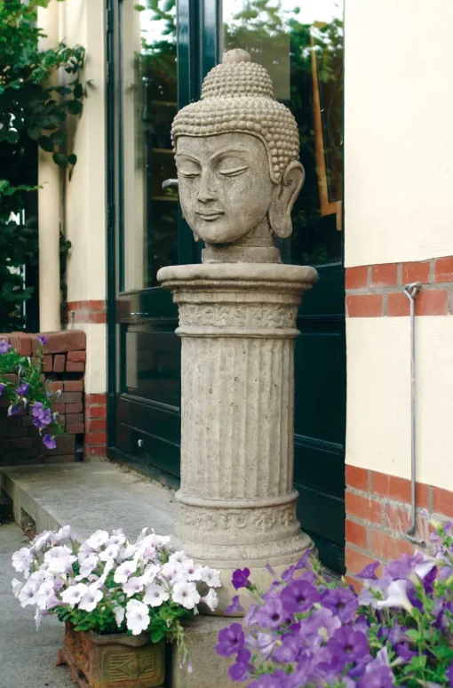 Buddha Head Stone Garden Ornament on Pedestal