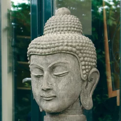 Buddha Head Stone Garden Ornament on Pedestal