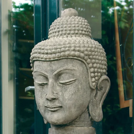 Buddha Head Stone Garden Ornament on Pedestal