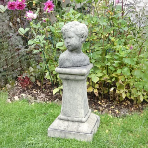 Classic Boy Bust on Pedestal Stone Garden Statue