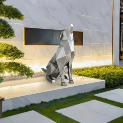 Dog 100cm Silver Geometric Metal Garden Sculpture