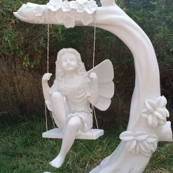 Fairy on Swing 110cm Marble Resin Garden Ornament