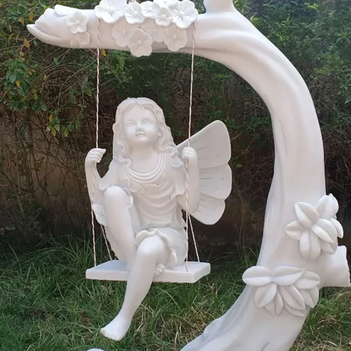 Fairy on Swing 110cm Marble Resin Garden Ornament