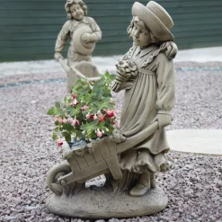 Girl & Barrow Stone Garden Statue