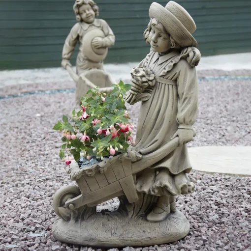 Girl & Barrow Stone Garden Statue