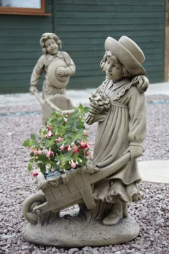 Girl & Barrow Stone Garden Statue
