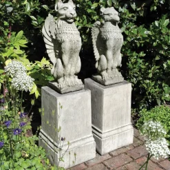 Gothic Griffin & Lion on Pedestal Stone Garden Statues