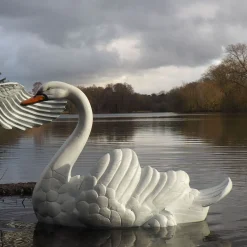 Grand Laying Swan Antique White Metal Garden Statue