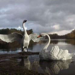 Grand Pair of Swans Antique White Metal Garden Statues