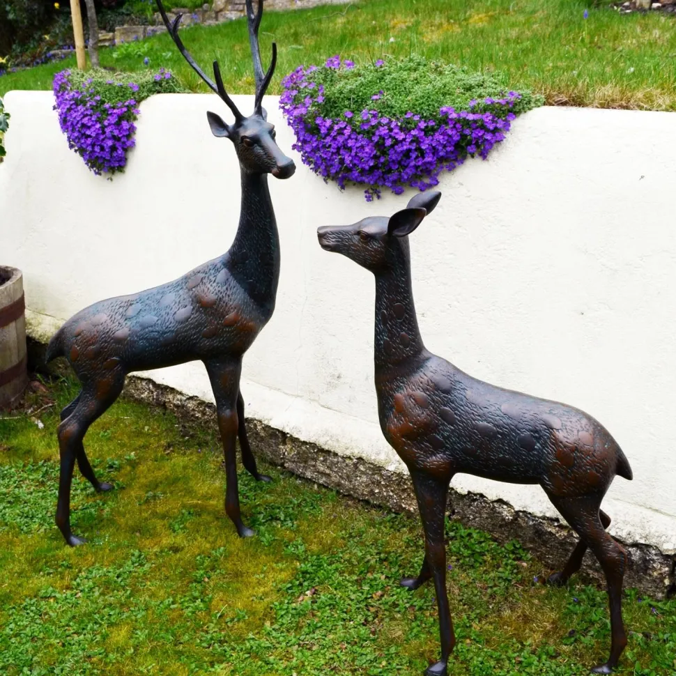 Grand Stag & Doe Bronze Metal Garden Statues