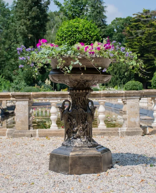 Grand Swan Urn Bronze Metal Garden Planter