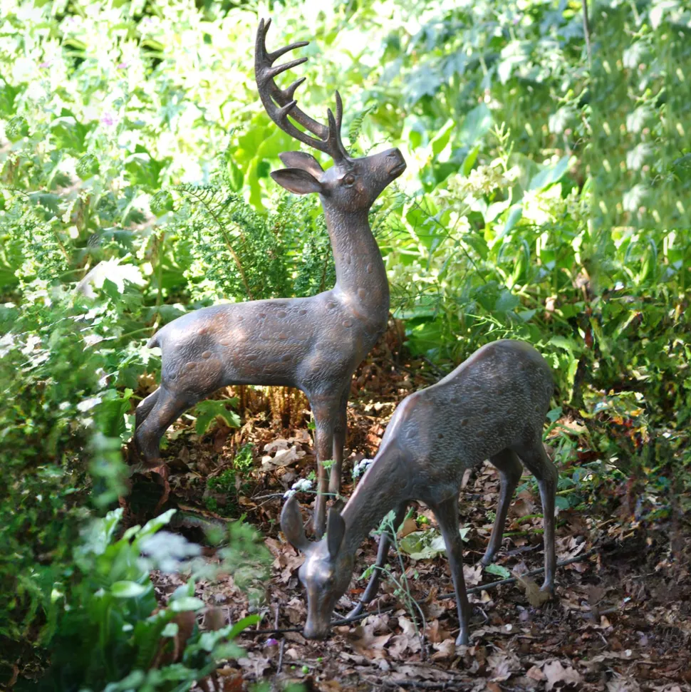 Large Stag & Doe Deer Bronze Garden Statues