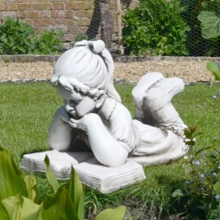 Laying Reading Girl 34cm Stone Resin Garden Statue