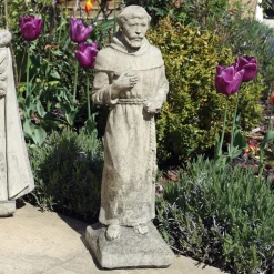 Madonna and Friar Monk Stone Garden Statues