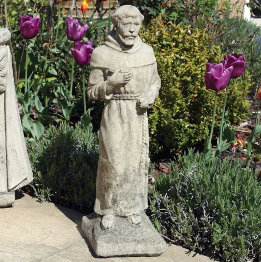 Madonna and Friar Monk Stone Garden Statues