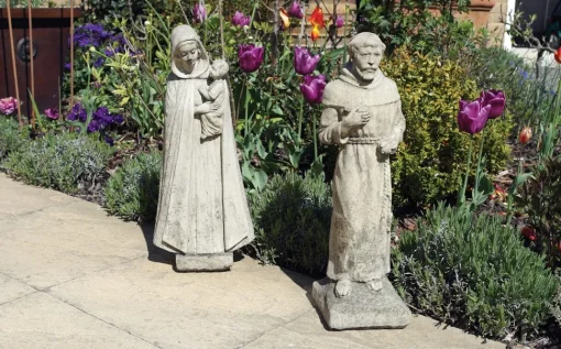 Madonna and Friar Monk Stone Garden Statues