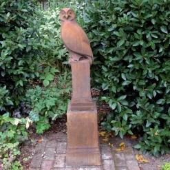 Owl on Pedestal Modern Stone Garden Statue (Rust)