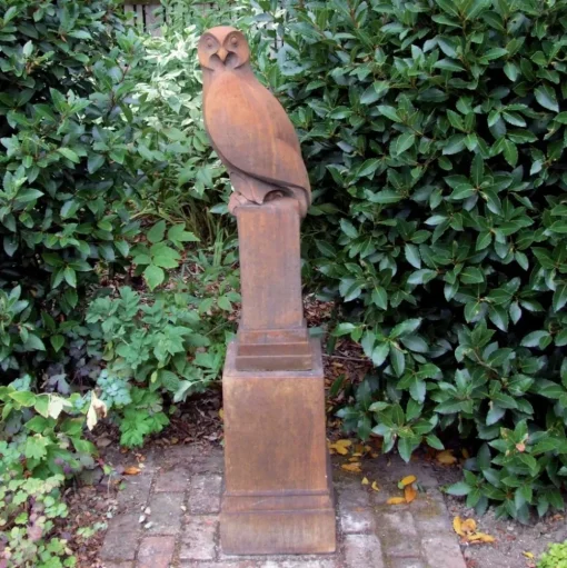 Owl on Pedestal Modern Stone Garden Statue (Rust)