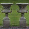 Pair of Grecian Stone Garden Planter Urns on Pedestals