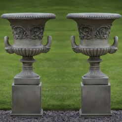 Pair of Grecian Stone Garden Planter Urns on Pedestals