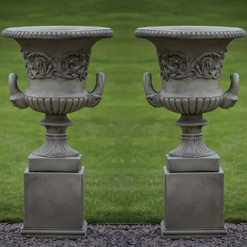 Pair of Grecian Stone Garden Planter Urns on Pedestals