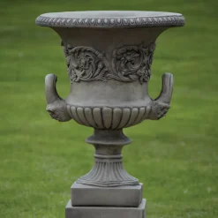 Pair of Grecian Stone Garden Planter Urns on Pedestals