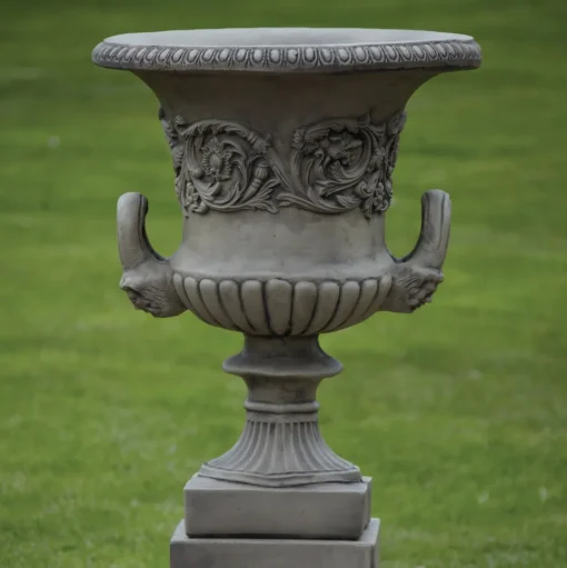 Pair of Grecian Stone Garden Planter Urns on Pedestals