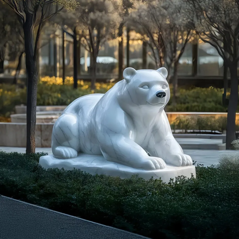 Polar Bear 65cm White Marble Garden Statue v1