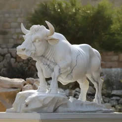 Regal Bull 120cm White Marble Garden Statue v2