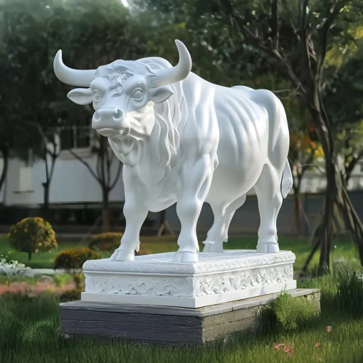 Regal Bull 120cm White Marble Garden Statue v1