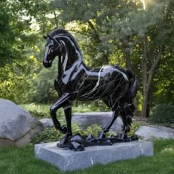 Regal Stallion 220cm Black Marble Garden Statue
