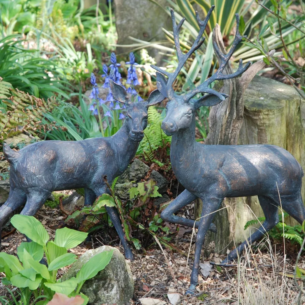 Stag & Doe Bronze Metal Garden Statues