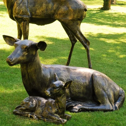 Stag Doe & Fawn Collection Bronze Metal Garden Statues