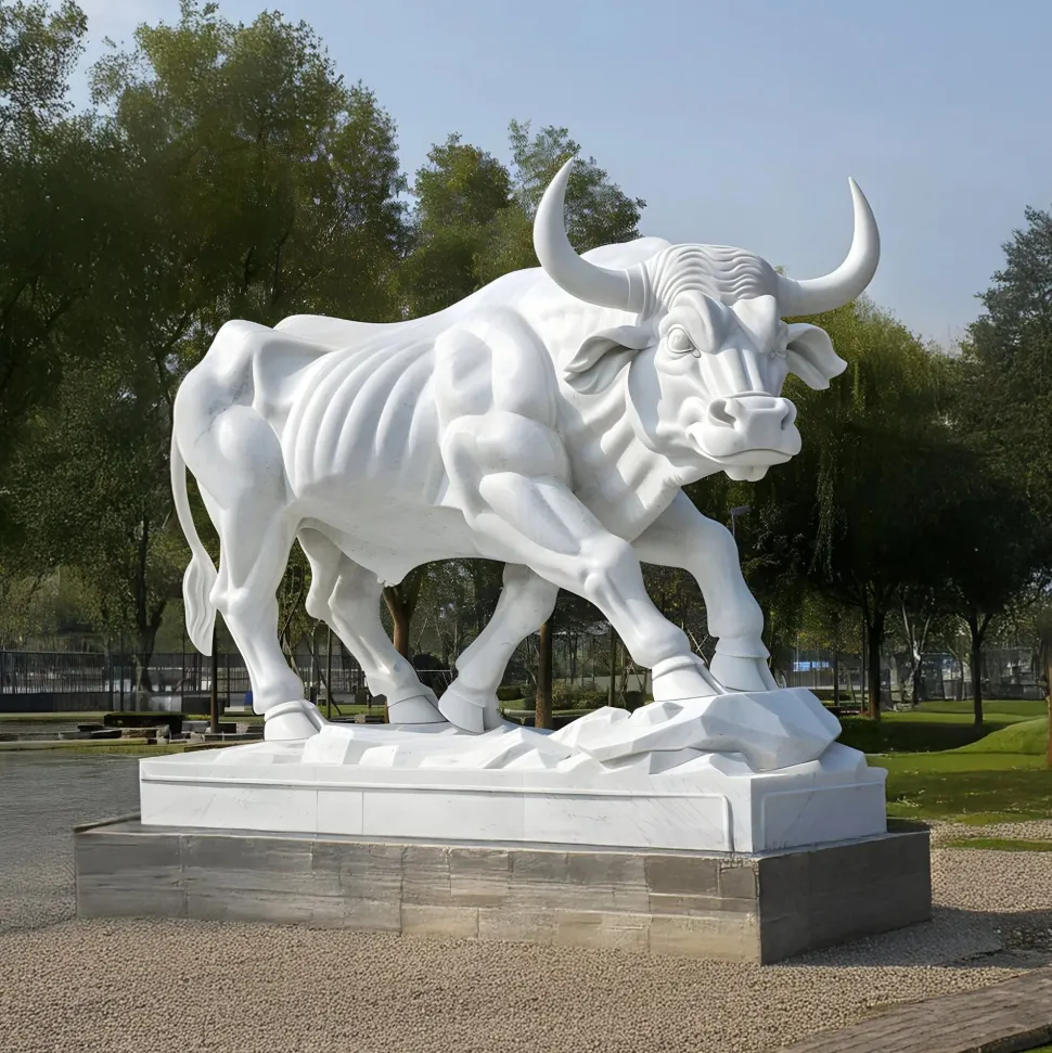 Titan Bull 150cm White Marble Garden Statue v2