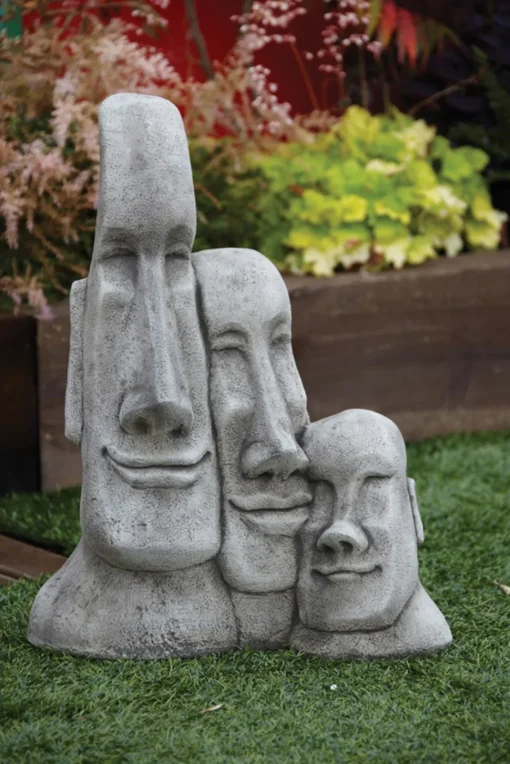Triple Easter Island Heads Stone Garden Ornament