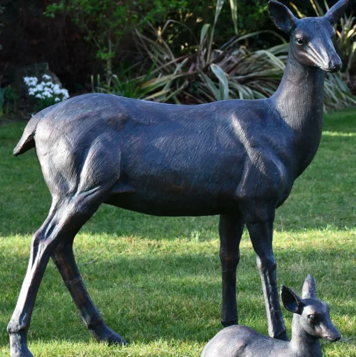 Wild Doe & Fawn 103cm Bronze Metal Garden Statues