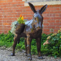 Wild Donkey with Baskets Bronze Metal Garden Statue