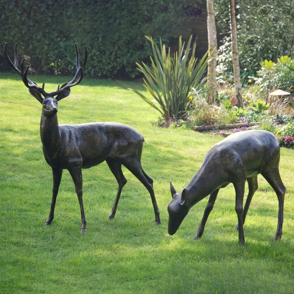 Wild Stag & Doe Life-Size Bronze Garden Statues