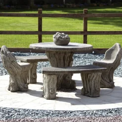 Woodlands Stone Benches & Table Patio Garden Furniture Set