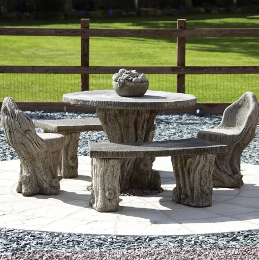 Woodlands Stone Benches & Table Patio Garden Furniture Set