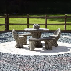 Woodlands Stone Benches & Table Patio Garden Furniture Set