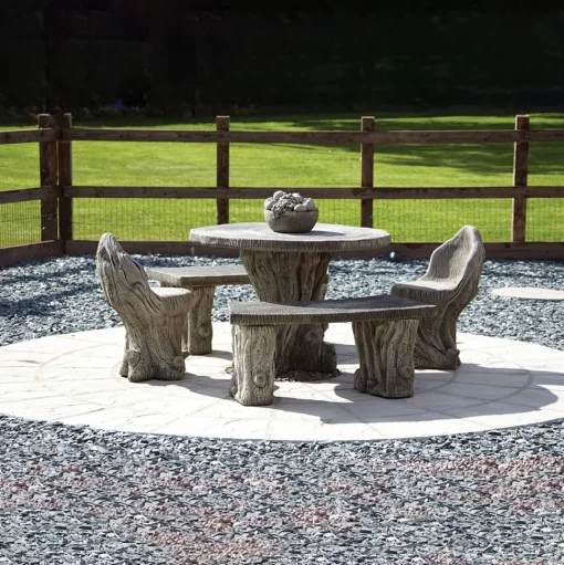 Woodlands Stone Benches & Table Patio Garden Furniture Set